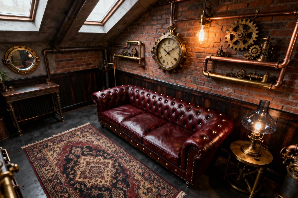 Steampunk loft living room with red brick walls and dark wood wainscoting features an oxblood tufted leather Chesterfield sofa beneath exposed copper pipes, brass valves, and mounted gears. A large round industrial clock and a bare Edison bulb create a focal point, while a Persian-style rug warms the charcoal concrete floor. A brass-and-glass lantern lamp sits on a metal side table, and a porthole-style mirror and skylight windows bring light to the moody, mechanical setting.