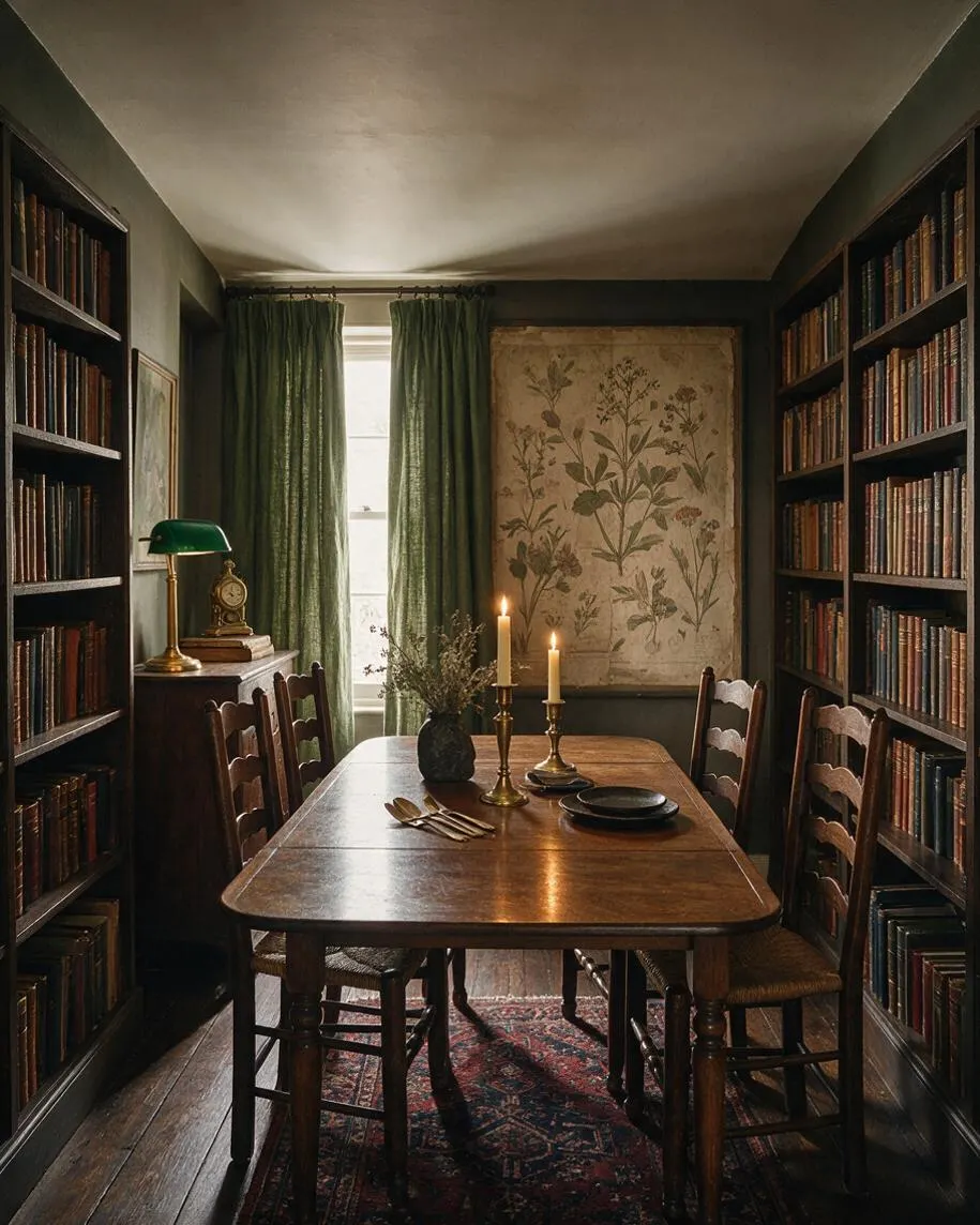 A narrow dining room styled like a private library, with tall built-in bookshelves filled with old books on both sides of a long wooden table. Green curtains frame a bright window at the back, while brass candlesticks, a green banker’s lamp, and a botanical wall print add a moody academic feel.