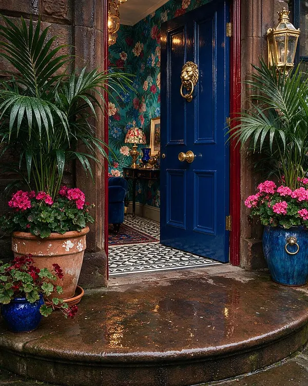 A lavish exterior entryway features a glossy cobalt blue front door with a brass lion knocker, framed by red trim, stone walls, and brass lanterns. Large potted palms and bright pink flowers flank the doorway, while the wet stone step and threshold lead into a richly layered interior with floral wallpaper and patterned tile.
