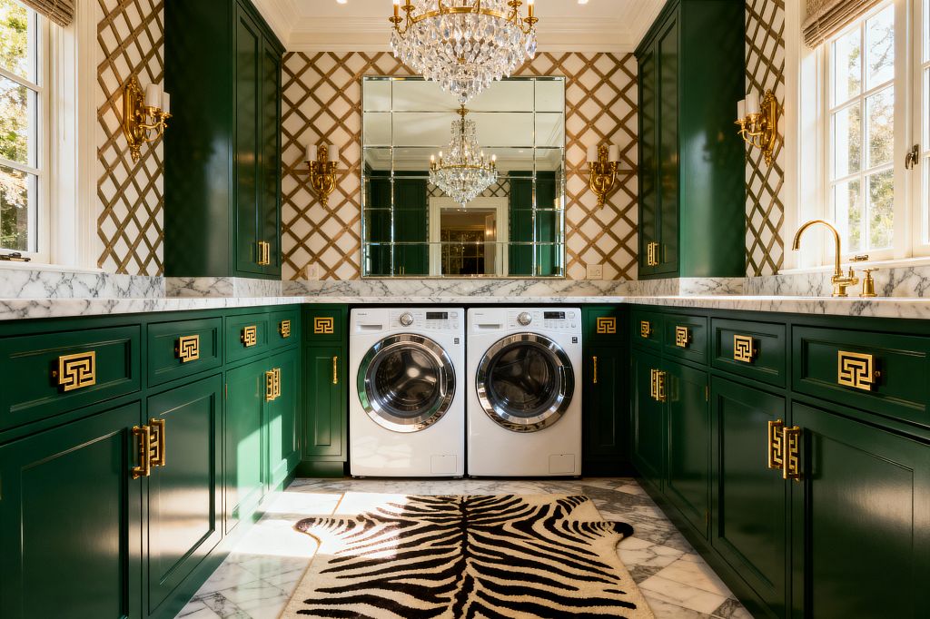 A glamorous laundry room with emerald green cabinets and brass Greek key pulls forms a U-shaped workspace around a front-loading washer and dryer, topped with white marble counters and a gray-veined marble floor. A mirrored backsplash reflects a crystal chandelier and brass double sconces, while cream-and-gold trellis wallpaper, a zebra-print rug, a window with a woven Roman shade, and a brass gooseneck faucet complete the scene.
