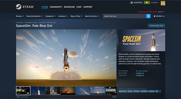 Steam store page for the game SpaceSim: Pale Blue Dot showing the game's title, main visual, description, developer info, and user tags.