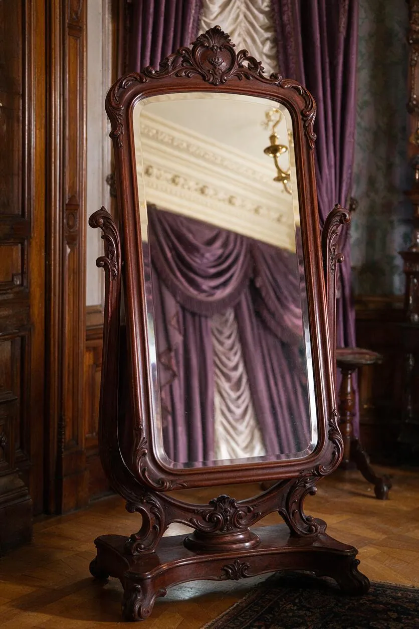 A tall Victorian-style floor mirror stands in a richly decorated room, featuring a carved dark wood frame with scrolling details and a shaped pedestal base. Purple drapery and paneled wood walls reflect in the mirror, reinforcing the formal, antique atmosphere.