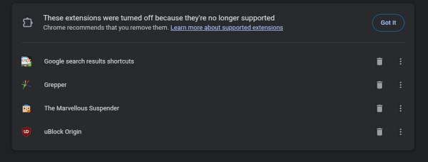 A screenshot of a browser extension management interface indicating disabled extensions.