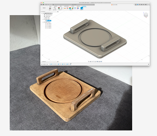 A wooden tray is displayed alongside a 3D model of the same tray design.