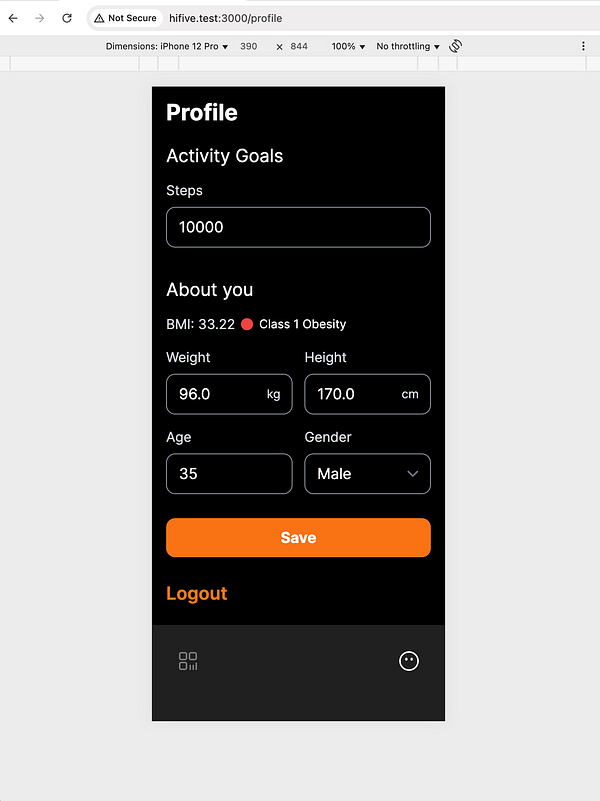 The image displays a profile interface for a web application focused on health and activity goals.