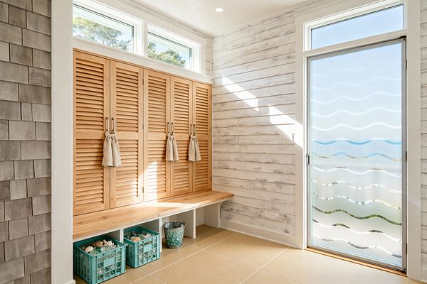 A bright coastal mudroom features a built-in bench with light wood louvered lockers below narrow clerestory windows. Whitewashed shiplap walls meet a full-height door of frosted glass patterned with waves; large tan tiles cover the floor, and open cubbies hold teal crates of sea glass and a galvanized bucket, while gray shingle cladding and crisp white trim complete the airy, practical entry.
