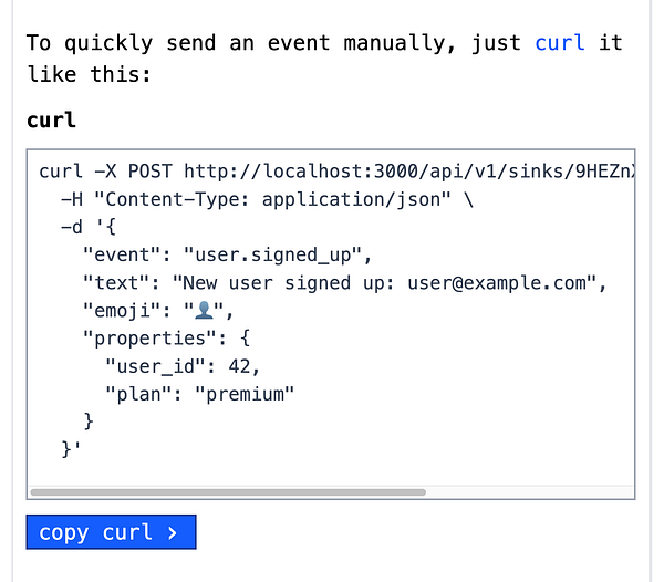 Diagram illustrating a minimalist Events API schema with text, emoji, event name, and key-value properties.