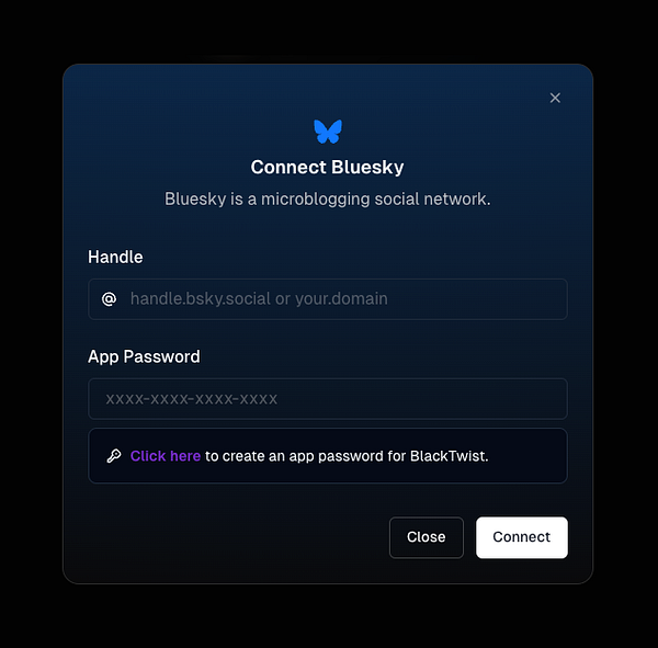 A user interface for connecting to the Bluesky microblogging social network.