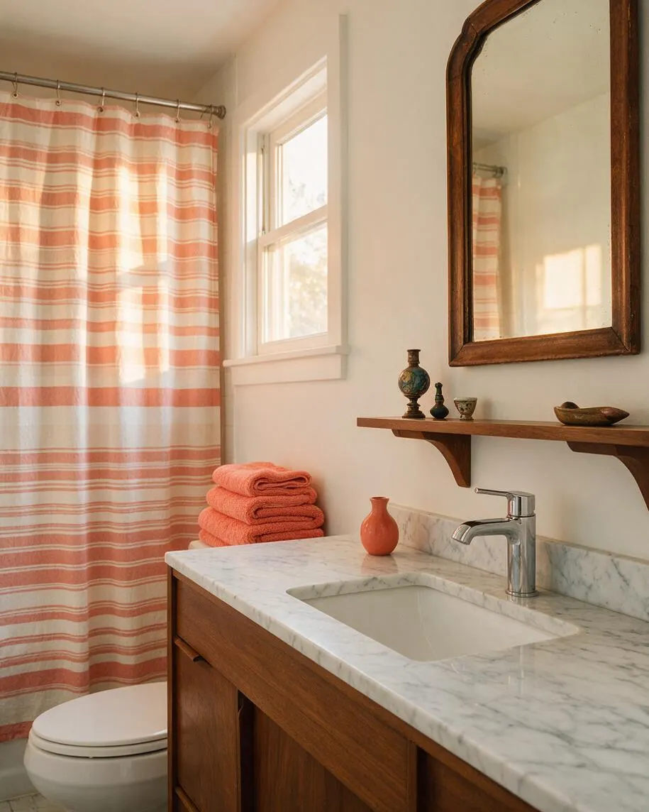 A cozy eclectic bathroom with a white marble vanity, wood cabinet, and chrome faucet. A coral-and-cream striped shower curtain, stacked coral towels, and a dark wood framed mirror add warmth and vintage character.