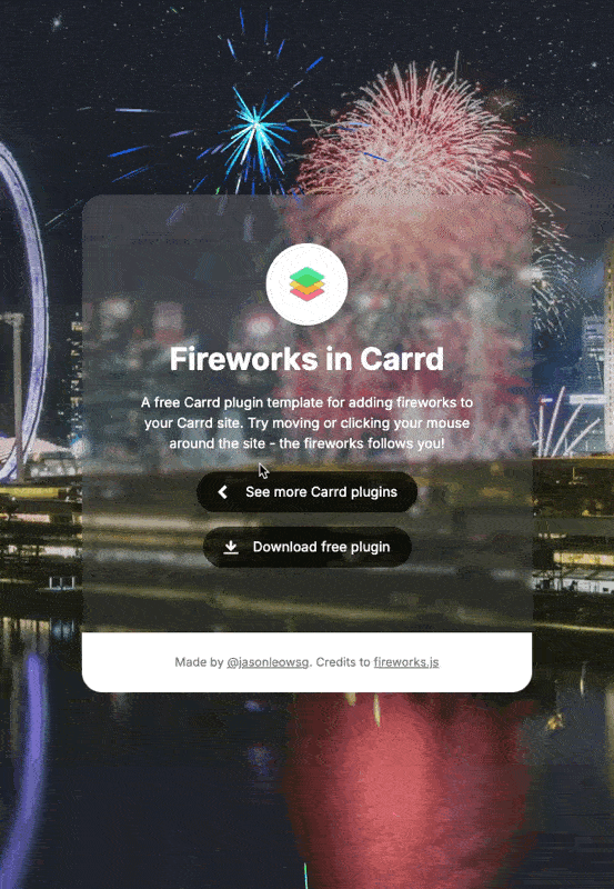 The image showcases a promotional interface for a fireworks plugin designed for Carrd websites.