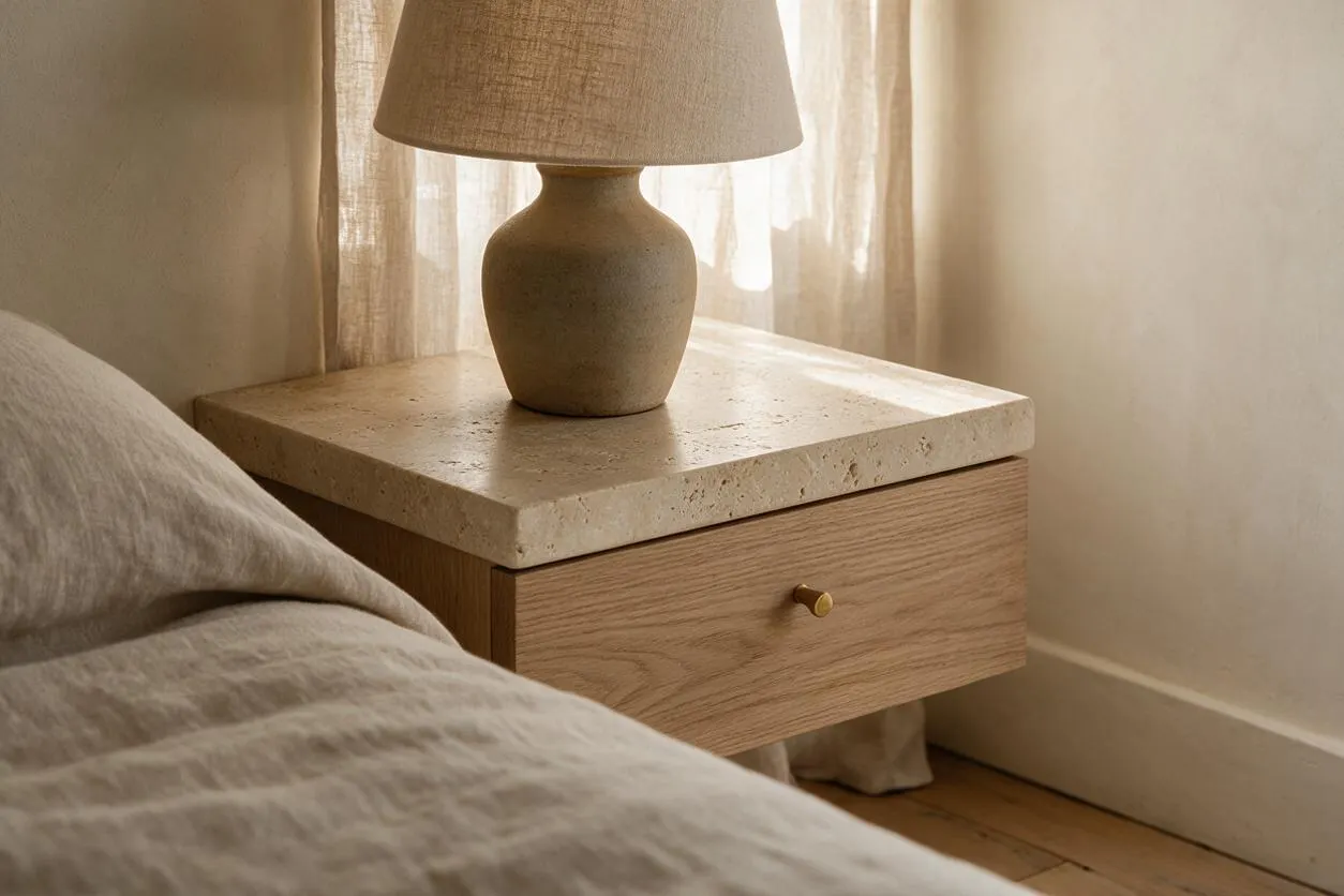 A serene bedroom corner featuring a floating wooden nightstand with a travertine top, topped by a sculptural beige lamp with a linen shade. Soft neutral bedding and sheer curtains filter warm natural light, creating a calm Organic Modern atmosphere.