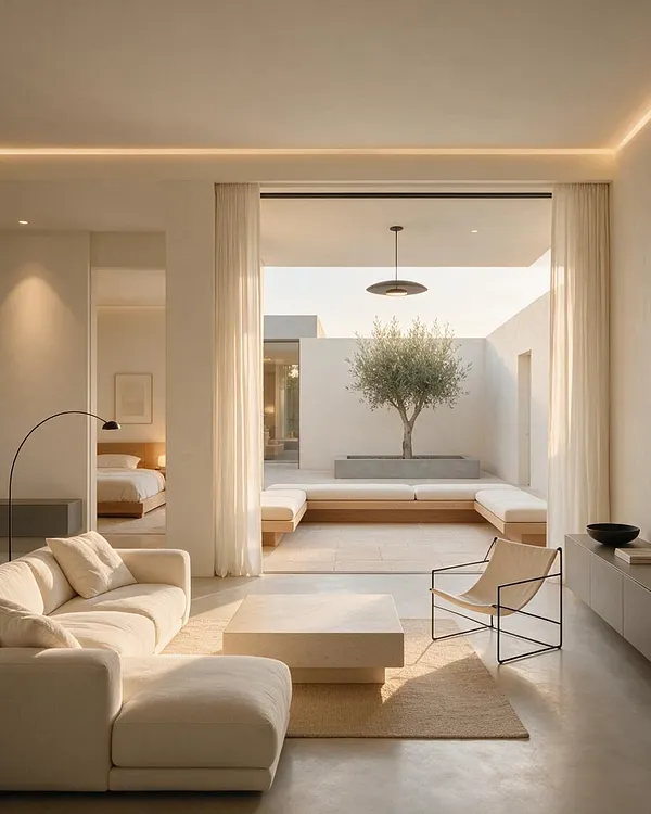 A serene minimalist home interior opens directly to a small courtyard backyard with white walls, a centered olive tree in a rectangular planter, and built-in bench seating. Inside, a cream sofa, low stone coffee table, and sculptural chair sit on a neutral rug under warm recessed lighting.