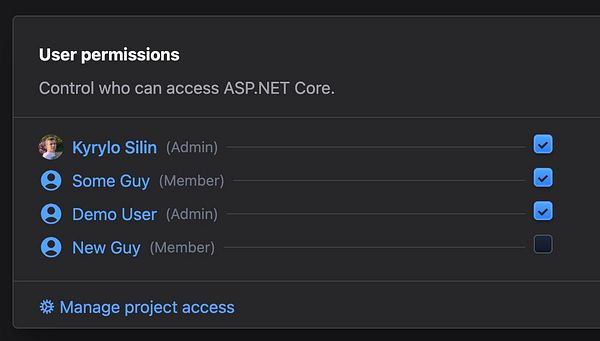 The image displays a user permissions interface for managing access to ASP.NET Core.