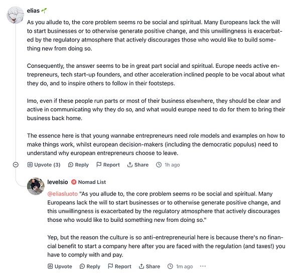 The image features a discussion on the challenges faced by entrepreneurs in Europe, focusing on social and regulatory barriers.