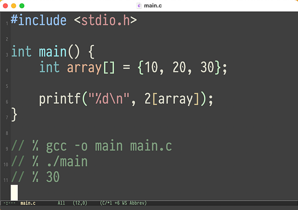 The image displays a C programming code snippet demonstrating array usage and printing an element.