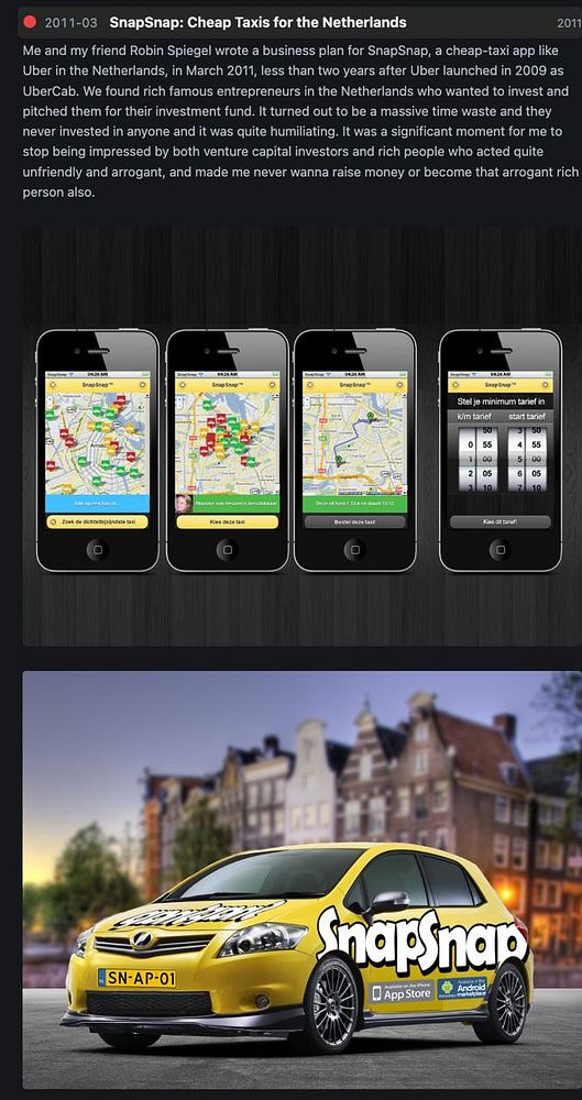 A webpage screenshot showing the SnapSnap Uber project page by Pieter Levels with project details and a fundraising call.