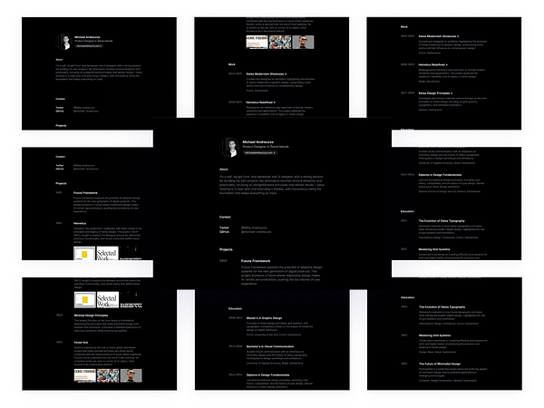 The image displays a portfolio website layout featuring sections about a designer's work, education, and projects.