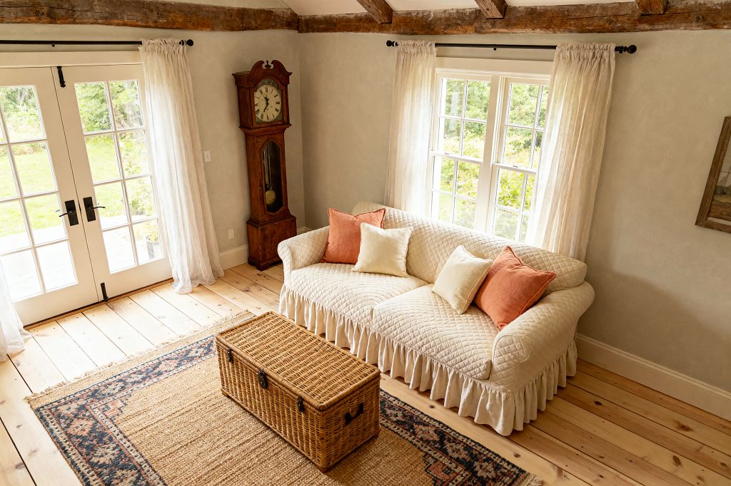 A bright living room with French doors and double-hung windows features sheer white linen curtains, a quilted ivory slipcovered sofa with a ruffled skirt, and terracotta and cream pillows. A woven rattan trunk serves as a coffee table on a jute rug over wide-plank pine floors. Exposed reclaimed wood beams, pale plastered walls, and an antique wooden grandfather clock add patina, creating a soft, airy shabby chic setting.