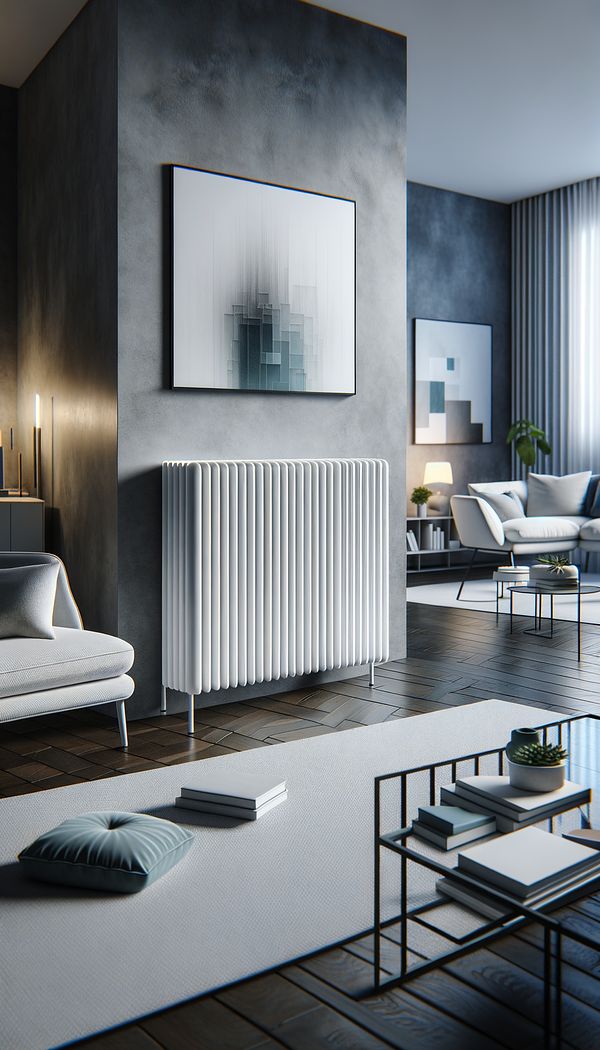 A sleek, white radiator cover with a minimalistic design in a contemporary living room, showcasing how it integrates seamlessly with the room's décor.