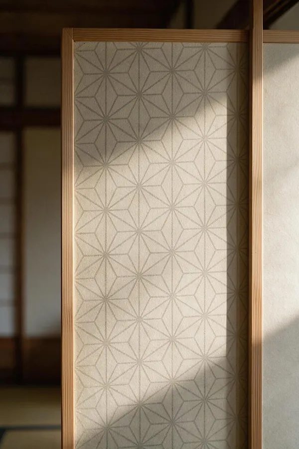 A close-up of a Japanese Zen interior detail featuring a pale geometric wall panel framed in light wood. Soft sunlight casts diagonal shadows across the repeating starburst pattern, with a blurred traditional interior visible in the background.