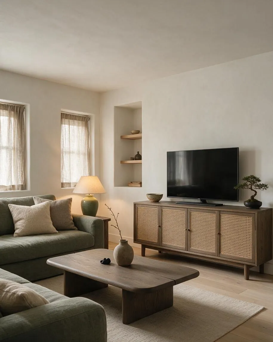 A calm Japandi-style media room with a low wooden coffee table, muted green sectional sofa, and a TV mounted on a woven cane-front console. Soft cream walls, sheer-curtained windows, a warm table lamp, and small decorative shelves create a minimal, cozy atmosphere.