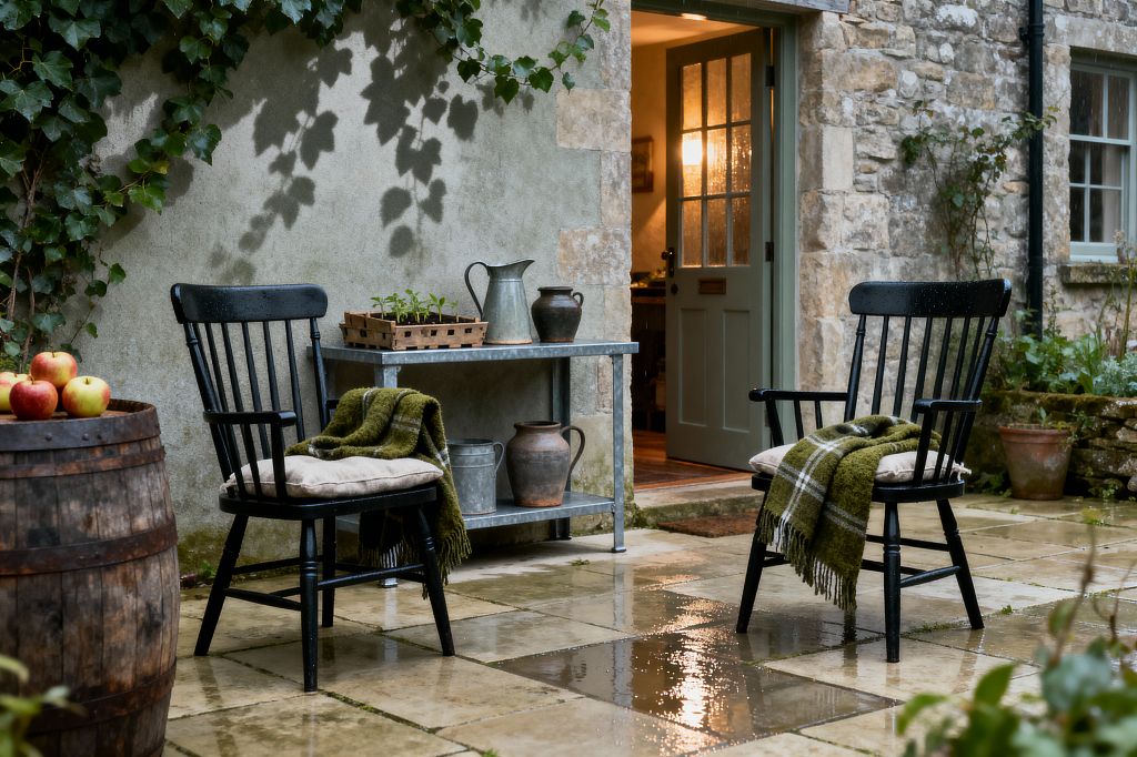 A rain-wet stone patio outside a rustic cottage features two black spindle-back chairs with beige cushions and green plaid throws. A galvanized metal potting table holds a zinc watering can, clay jugs, and a crate of seedlings. Ivy climbs a textured plaster wall beside a rough stone façade. An open sage green door glows with warm interior light, while a weathered wooden barrel topped with apples and terracotta planters complete the scene.