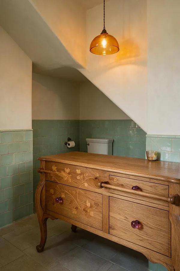 A compact powder room under a sloped ceiling features mint-green wall tiles, cream plaster walls, and a warm amber pendant light. A carved oak vanity with floral inlay and purple glass knobs anchors the space, while a white toilet and small glass candle add simple functional details.