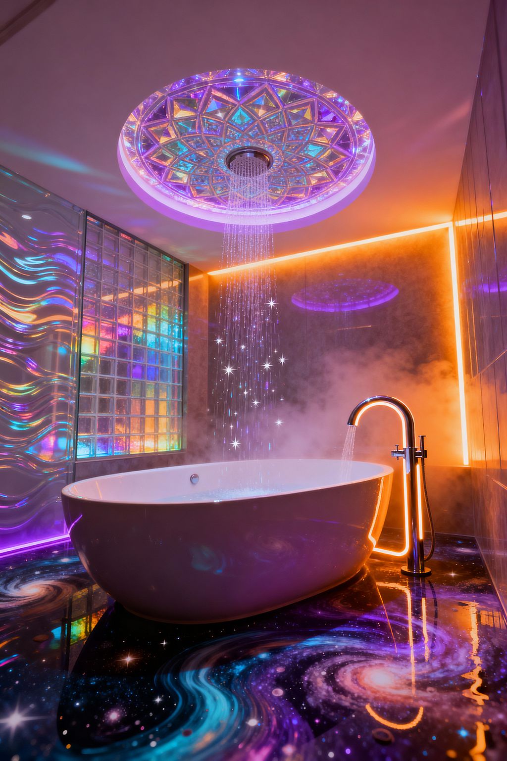 A vibrant bathroom features a white oval freestanding tub beneath a circular ceiling fixture patterned like a kaleidoscopic mandala, releasing a rainfall shower with star-like fiber‑optic droplets. Purple and amber LED lighting reflects off a high‑gloss galaxy‑print epoxy floor, iridescent glass mosaic details, a rippled acrylic wall panel, and a glass block partition, while a chrome floor-mounted faucet fills the steaming tub for a dreamy, psychedelic spa atmosphere.