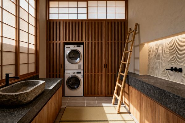 A serene Japanese-style laundry room with stacked white washer and dryer set within full-height slatted wood cabinets. Shoji screens diffuse warm daylight across charcoal stone countertops and a carved stone trough sink with a matte black faucet. A raked plaster niche with concealed LED lighting adds texture, while a bamboo ladder, neutral tile floor, and a central tatami runner create a calm, minimal atmosphere.