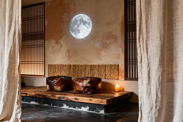 A serene media room features a thick live-edge timber platform on a black base with two brown patchwork leather poufs and a glowing candle. A realistic full moon is projected onto a mottled terracotta-and-sand limewashed wall above a narrow band of woven grass, flanked by shoji-style wood slat screens with warm backlighting; soft ivory linen curtains frame the view and a charcoal polished concrete floor grounds the space.