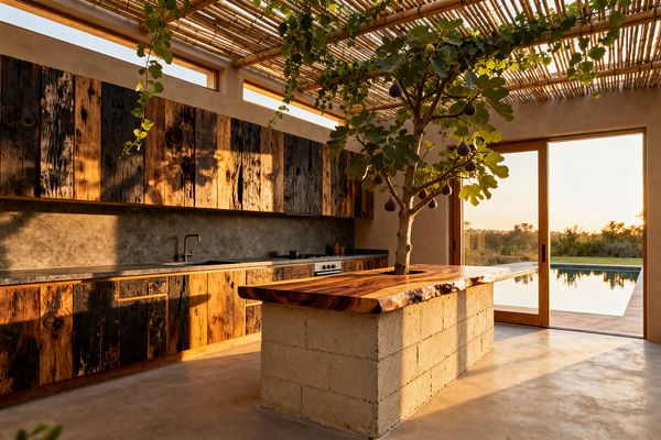 Sunlit kitchen with a bamboo slat ceiling draped in trailing vines, reclaimed wood cabinets in mixed dark and warm tones, and a gray stone-like countertop along a linear wall with a matte black faucet and compact range. At center, a concrete-block island supports a thick live-edge wood top pierced by a fruiting fig tree. Polished concrete floors and large sliding glass doors open to a pool and landscape, bathing the room in golden light.