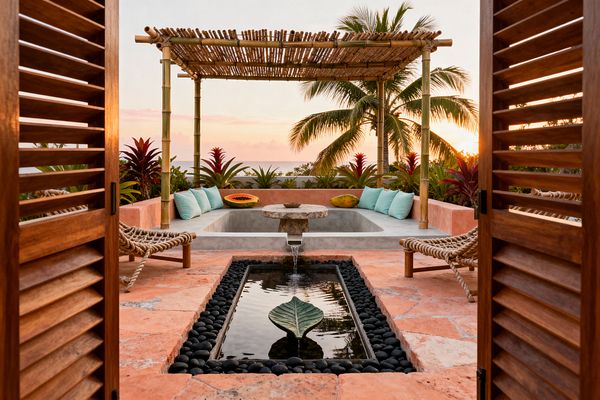 View through wooden louvered doors to a coral stone patio with a rectangular reflecting pool lined with black pebbles and a leaf-shaped fountain element. A sunken concrete seating area under a bamboo pergola features built-in benches with mint cushions, rope lounge chairs, a round stone table with a narrow spillway, and tropical plants and palm trees framing an ocean sunset.