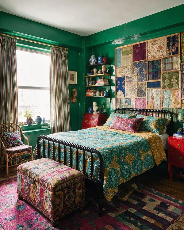 A maximalist master bedroom with deep green walls, a black metal bed frame, and layered patterned bedding in teal, gold, and pink. The room includes a patchwork textile wall hanging, striped curtains, red bedside tables, open shelves with decorative objects, and a colorful upholstered ottoman and chair near the window.