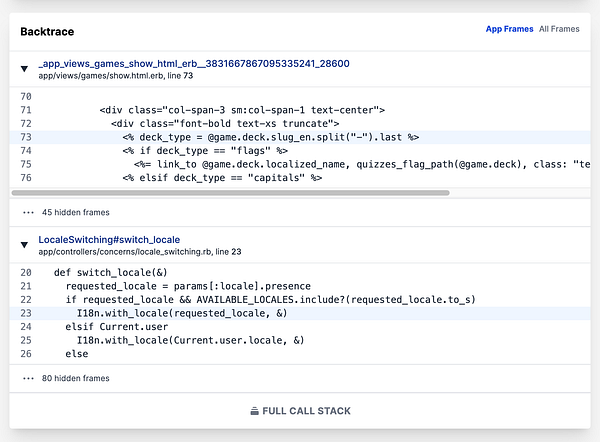 The image displays a code backtrace related to error reporting in a web application.