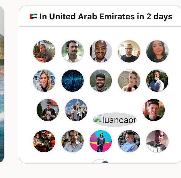 A grid of circular profile pictures representing various individuals, with a note about an upcoming trip to the United Arab Emirates.