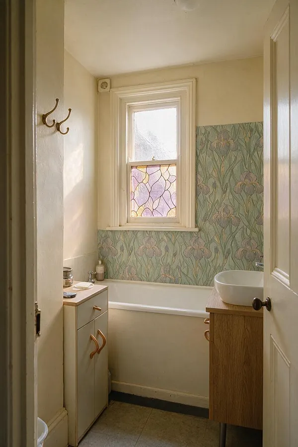 A narrow bathroom with Art Nouveau-inspired floral wallpaper, a frosted stained-glass window, and cream-painted walls and trim. A wood vanity with a white vessel sink and copper-toned handles sits beside a bathtub, creating a warm, vintage atmosphere.