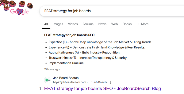A Google search result displaying an article titled 'EEAT strategy for job boards SEO' ranking first.