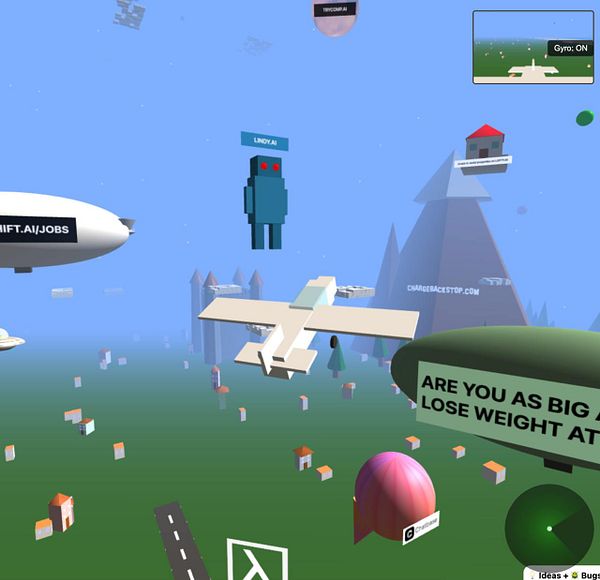 A colorful 3D virtual environment featuring various floating objects and a plane.