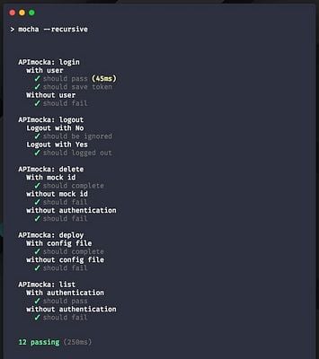 The image displays the results of unit tests executed using the Mocha testing framework for an API mock service.