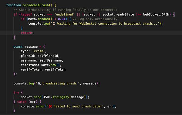 The image displays a code snippet for a function that broadcasts crash data in a web application.
