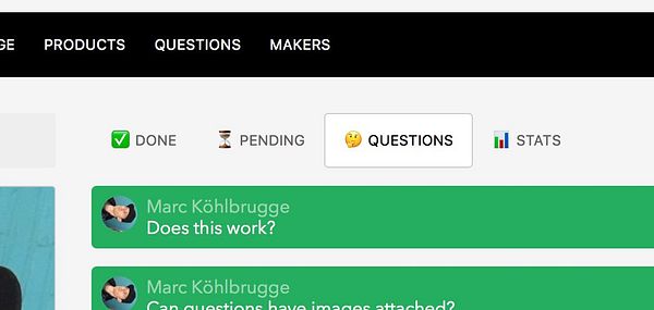 The image displays a user interface for a task management system with a focus on a 'Questions' tab.