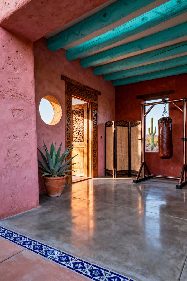 Southwestern home gym with rosy terracotta plaster walls and turquoise-painted ceiling beams. The room features a carved wooden door, polished concrete floor with a cobalt Talavera tile border, a freestanding metal frame holding a brown leather punching bag, and a woven rattan screen; natural light enters through a round window and open door, highlighting an agave in a clay pot and a desert view with a saguaro cactus.