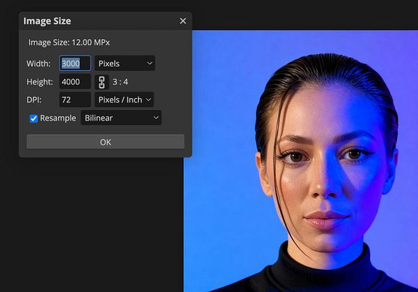 The image displays a digital interface for adjusting image size alongside a portrait of a woman.