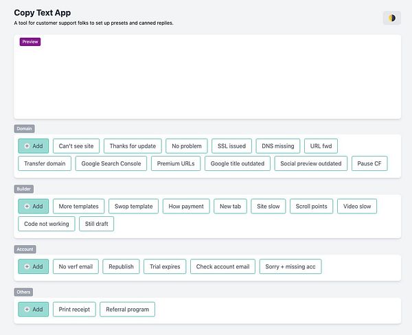 The image displays a user interface for a customer support tool featuring various canned responses organized by categories.