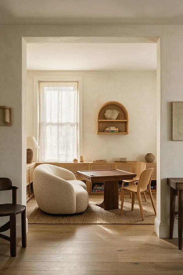 A serene game room with a small wooden game table centered on a woven natural rug, a rounded bouclé lounge chair, and two light wood chairs. Cane-front storage, a woven wall shelf, and a soft neutral palette create a calm organic modern atmosphere with filtered light from a sheer curtained window.