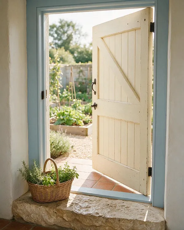 An open cream-painted wooden door with simple paneled construction opens to a sunlit garden, framed by soft blue trim and white plaster walls. A woven basket of herbs sits on a rough stone threshold beside terracotta floor tiles, creating a warm French Country entrance.