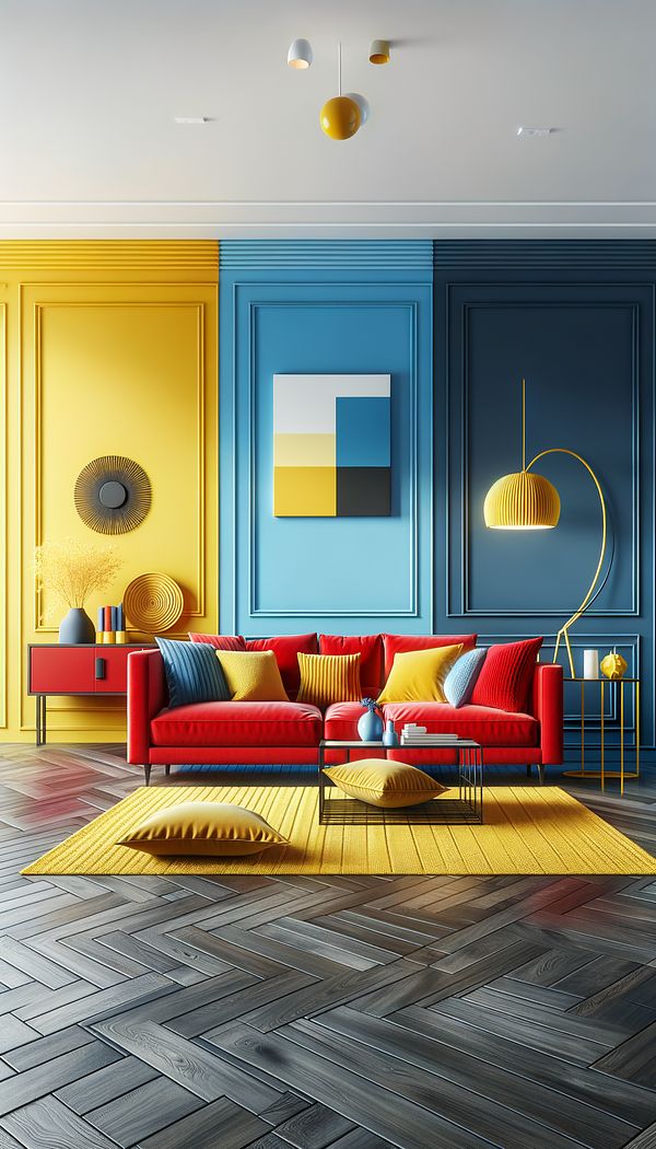 A spacious living room featuring a bold red sofa, blue accent walls, and yellow decorative pillows and rugs, illustrating the use of primary colors in interior decor.