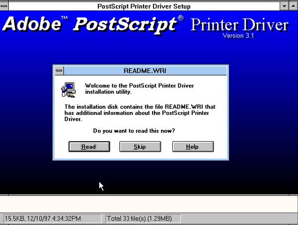The image displays a setup window for the Adobe PostScript Printer Driver installation on a Windows 3.11 interface.