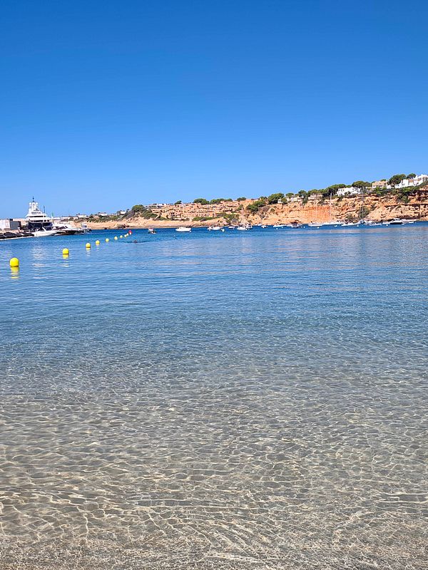 A woman in a swimsuit stands on a sunny beach with floating inflatable toys in the water and sunbathers relaxing on the shore.