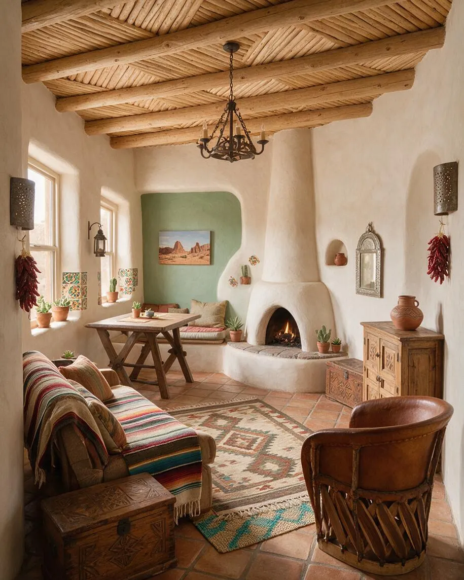A warm Southwestern-style sunroom with white adobe walls, exposed log ceiling beams, a wrought-iron chandelier, and a rounded fireplace glowing with fire. The room includes terracotta tile floors, a striped woven sofa, leather seating, carved wood furniture, potted cacti, and colorful textiles in earthy reds, greens, and neutrals.